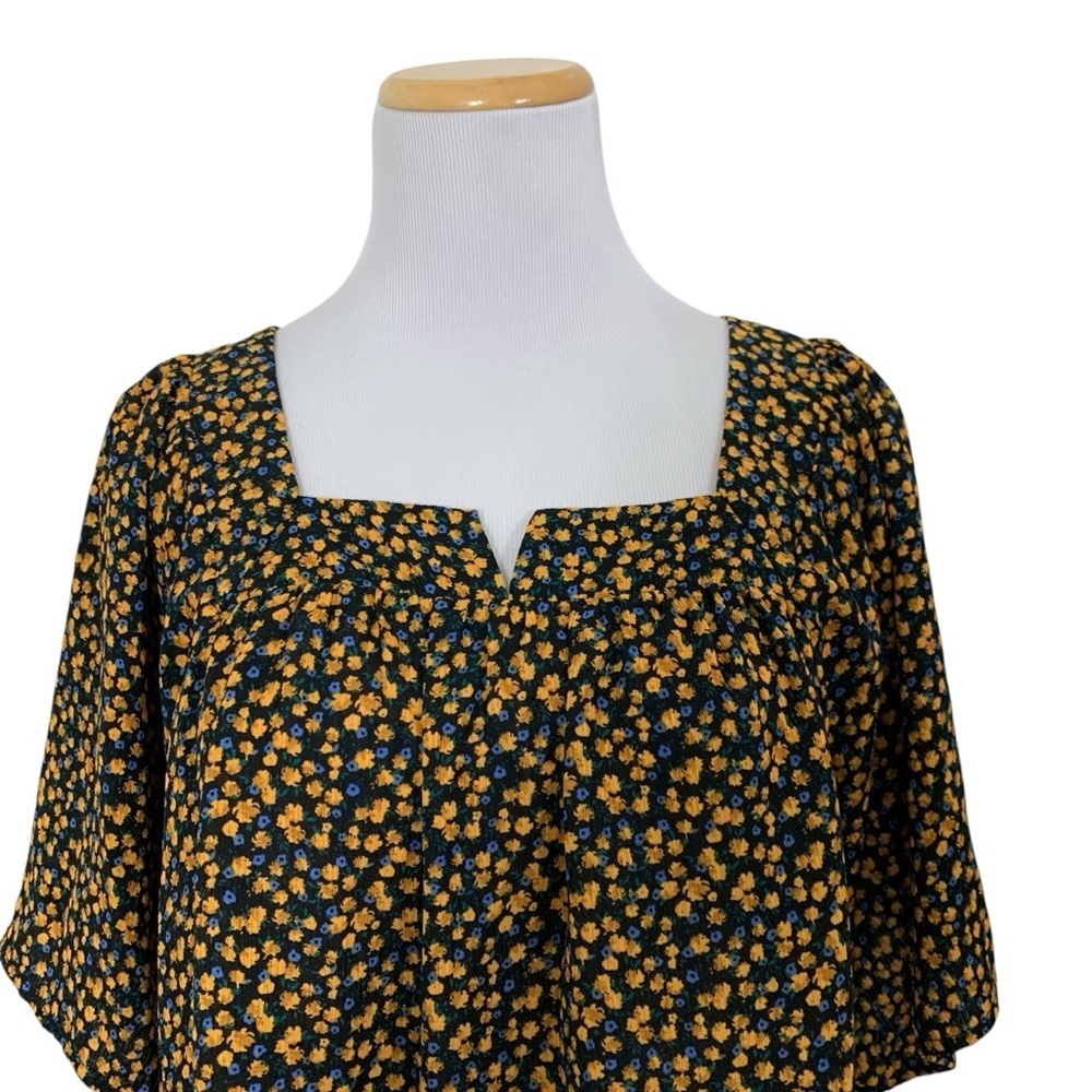 Knox Rose Dark Floral Square Neck Top Women’s L Short Sleeve Blue Yellow Tassel